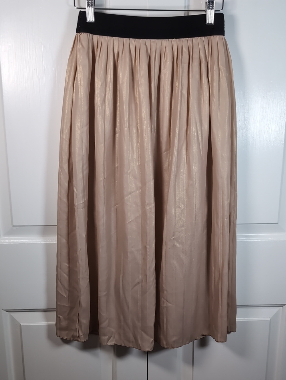 Promod Pink Balletcore Pleat Midi Skirt Elastic Waist Flowy Draped Shimmer Satin